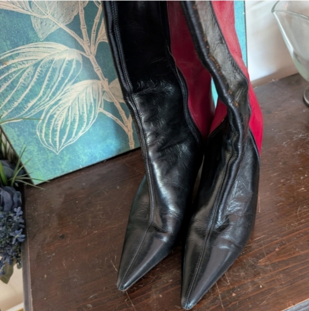 Kate Spade Made In Italy Vintage Leather Black and Red Heeled Boots EUC - Picture 2 of 10